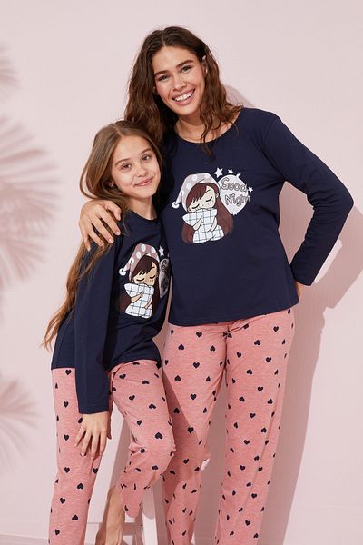 Siyah İnci Cotton Knitted Pajama Set - Navy Blue Printed, 24241069