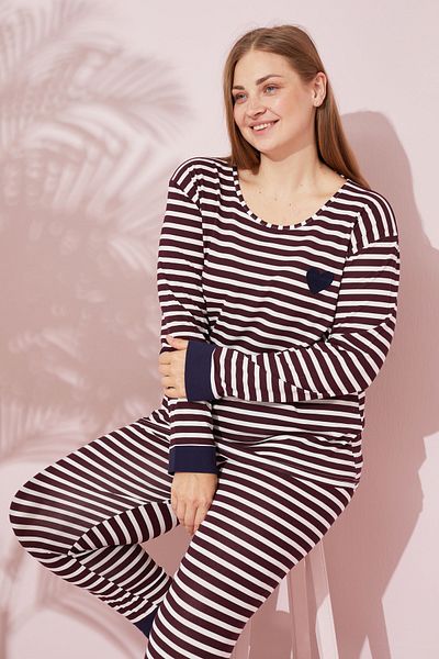 Siyah İnci Plus Size Striped Cotton Curve Pajamas Set - 24240715