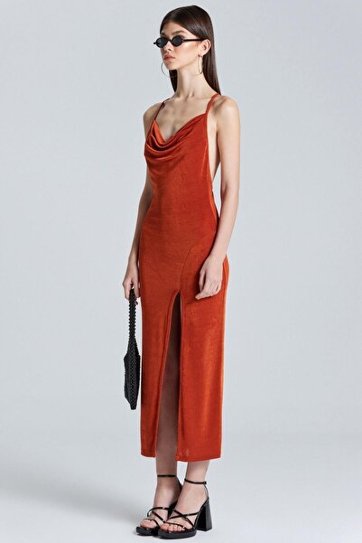 boutiquen 1961 Uzun Yırtmaç Detaylı Kiremit Elbise