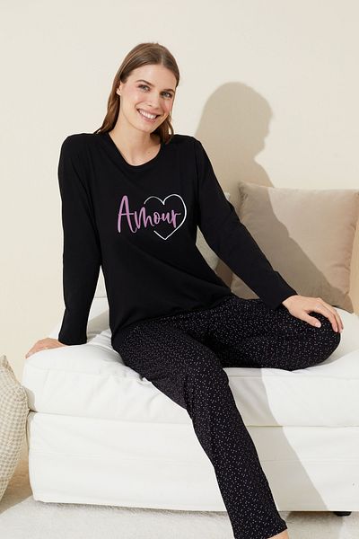 Siyah İnci Cotton Black Printed Pajama Set - 24240129