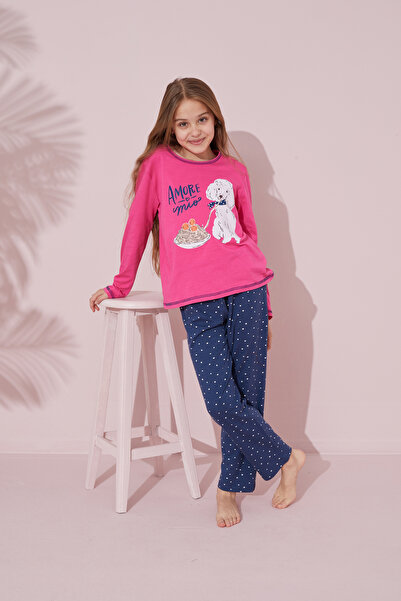 Siyah İnci fuşya baskılı Pamuklu Örme Pijama Takım 24241065