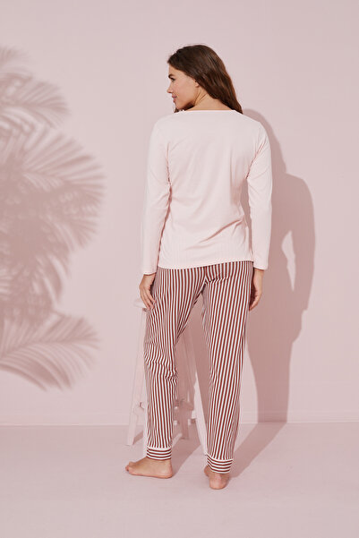 Siyah İnci somon baskılı Pamuklu Örme Pijama Takım 24241073
