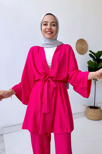 Ka Hijab Set dublu kimono cu centură cu mâneci Fakir - fucsia