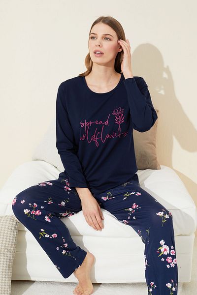 Siyah İnci Cotton Navy Blue Printed Knitted Pajamas Set - 24240090
