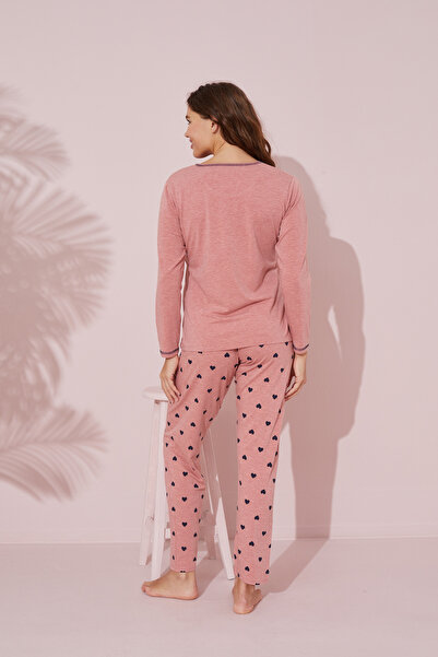 Siyah İnci koyu somon baskılı Pamuklu Örme Pijama Takım 24241075
