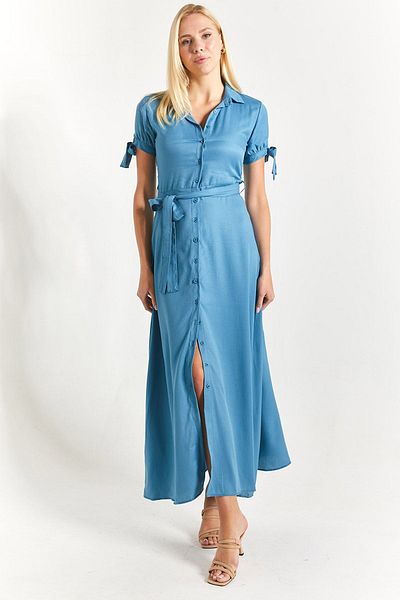 armonika Rochie cămașă pentru femei cu mâneci indigo, cu curea, cu talie legată, braț-23y001004