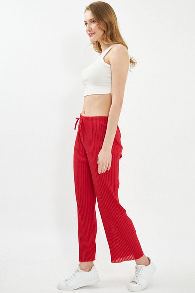 armonika Women's Red Elastic Waist Ribbed Knitwear Trousers ARM-22K105002