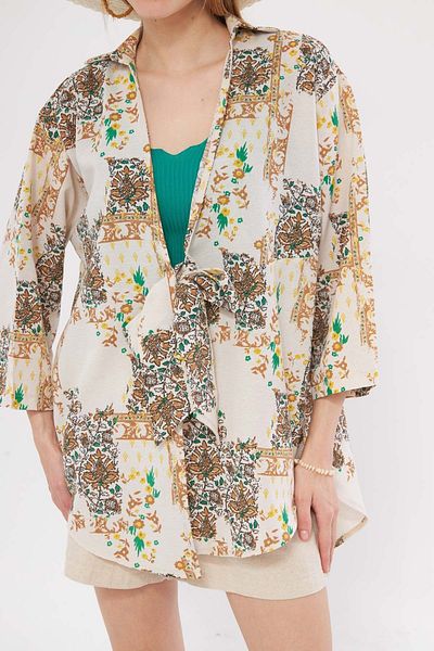 armonika Linen Look Brown Patterned Kimono Shirt - Front Tie ARM-24Y001079