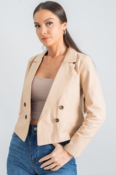 armonika Women's Beige Double Breasted Collar Gabardine Crop Jacket ARM-24Y001010