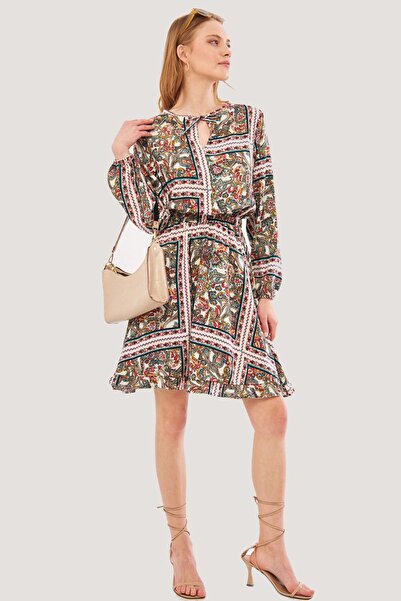 armonika Női fukszia gallér nyakkendő elasztikus derék szoknya fodros kiszélesedő ruha ARM-24Y001011