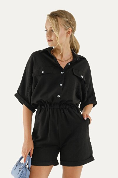 armonika جمبسوت نسائي أسود بأكمام واسعة وخصر مطاطي وجيب مع شورت Arm-23y001075