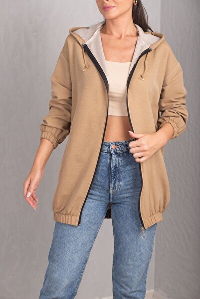 armonika Γυναικεία κουκούλα με φερμουάρ καμήλα ARM-21K024030