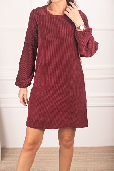 armonika Γυναικείο μπορντό μανίκι μπαλόνι βελούδινο φόρεμα ARM-20K001107