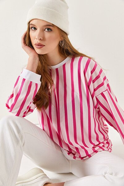 armonika Rosa gestreiftes Damen-Sweatshirt mit rundem Kragen und Übergröße AR...