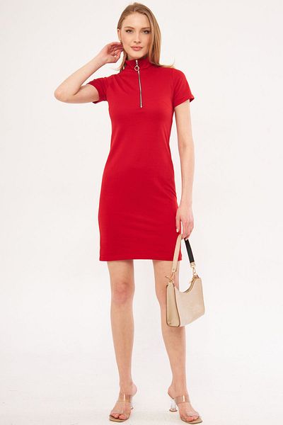 armonika Rotes, figurbetontes Kleid mit Reißverschluss über dem Knie, kurzärmlig, für Damen ARM-24Y001012