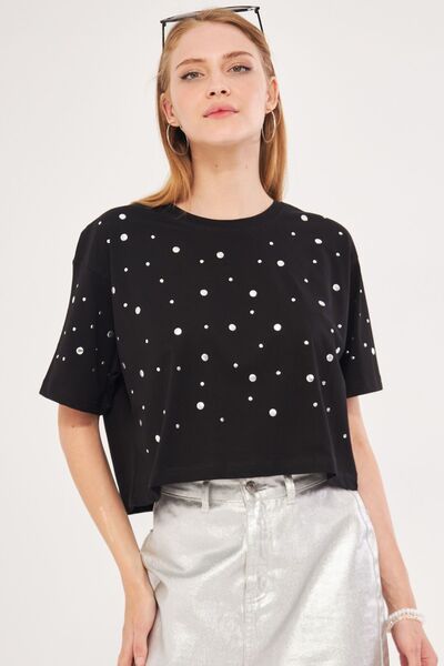 armonika Μαύρο Studded Oversize Crop T-Shirt - Γυναικείο ARM-24Y 024015