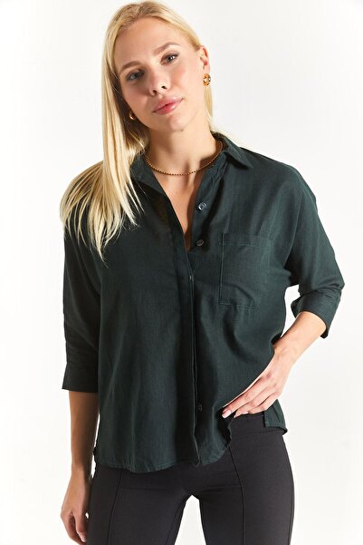 armonika Női sötétzöld zsebes alkalmi vászoning kar-21y001035