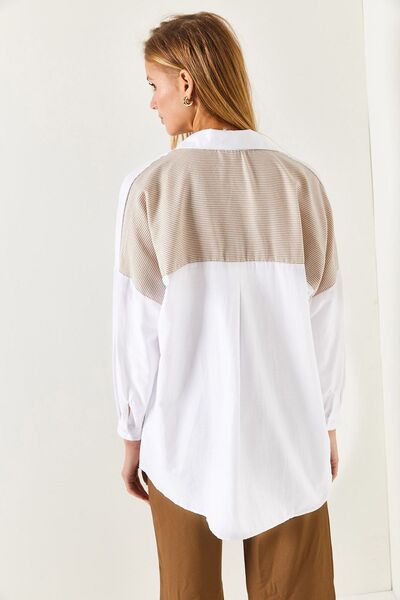 armonika Women's Beige Pocket and Back Stripe Pattern Oversize Long Basic Shirt Arm-22y001197