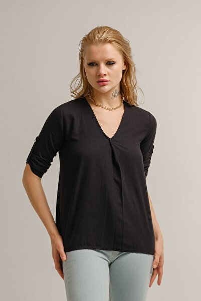 armonika Kadın Siyah V Yaka Pile Detaylı Kolu Apoletli Bluz Arm-23y001094