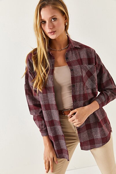 armonika Kadın Vişne Ekose Desen Oversize Gömlek Arm-22y001207