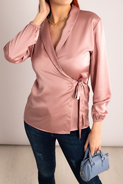 armonika Γυναικεία Πούδρα Διπλό Γιακά Σατέν Μπλούζα Μπράτσο-23y001045