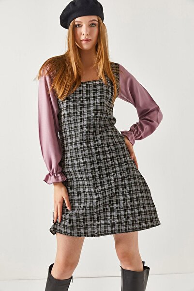 armonika Γυναικείο Dusty Rose φόρεμα καρό τετράγωνο γιακά μακρυμάνικο ARM-22Y...