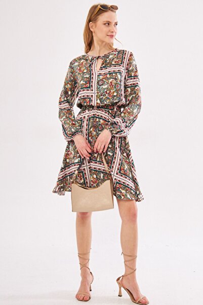 armonika Női fukszia gallér nyakkendő elasztikus derék szoknya fodros kiszélesedő ruha ARM-24Y001011