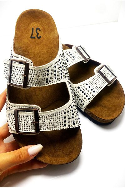 DADWOLF White Double-Strapped Slippers with Stone Detail