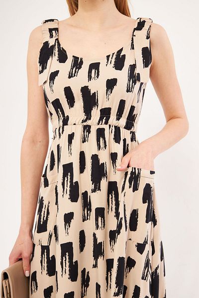 armonika Women's Beige Tidekatria Dress with Elastic Waist and Straps and Pockets Linen Look Midi Size ARM-24Y001035