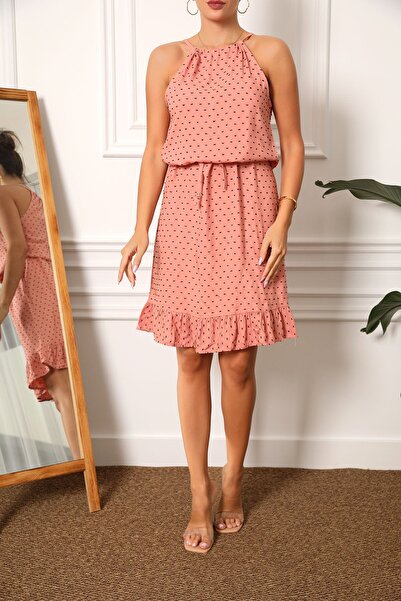 armonika Női lazac kötőfék nyakú öves derék fodros szoknya ruha ARM-23Y001112