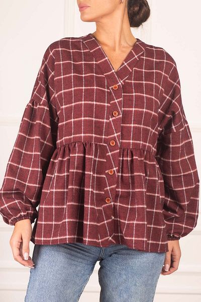 armonika Women's Red Six Drawstring Sleeves Elastic Plaid Pattern Stitched Shirt ARM-24K001006