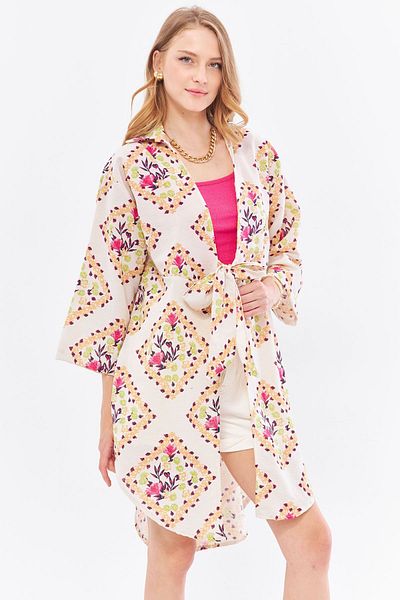 armonika Kimono Midi cu model din in fuchsia deschis - Cămașă cu cravată în față ARM-24Y001096