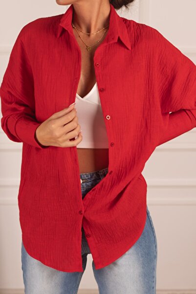 armonika Ženska crvena široka košulja sa širokim manžetama od teksturiranog l...