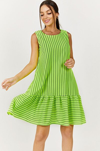 armonika Rochie fără mâneci cu fustă cu dungi verde neon pentru femei ARM-22Y...