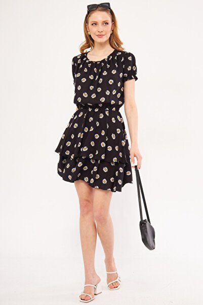 armonika Schwarzes Endeka-Kleid für Damen, Kragen, geraffte Ärmel und elastis...