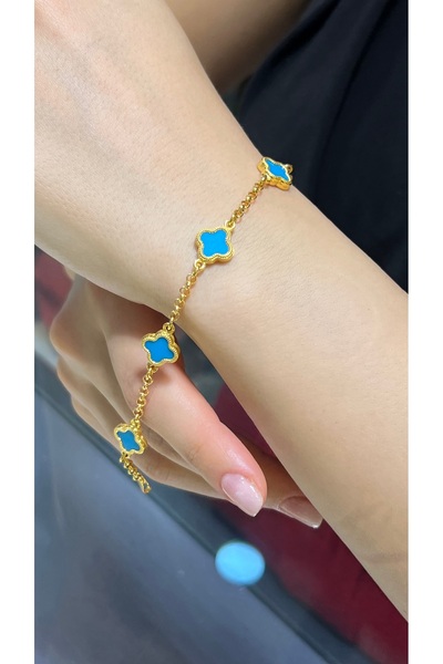 kuyumcu nurettin 7.50 gr (Gram) Yonca Desenli Mavi Renkli Künye Bileklik 22 Ayar Altın