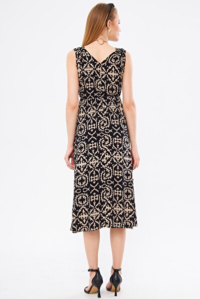 armonika Women's Black Patterned Waist and Shoulder Elastic Double Breasted Collar Midi Skirt Dress Arm-24y001052