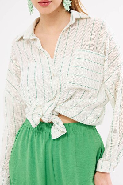 armonika Zöld túlméretes ing - hosszú ujjú, zsebrészlet, ráncos hát, csíkos ARM-24Y001053