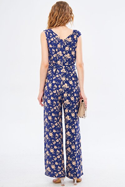 armonika Women's Saks Ikosienna Jumpsuit Double Breasted Collar Shoulder Rubber Detailed Back V Belted Long ARM-24Y001049