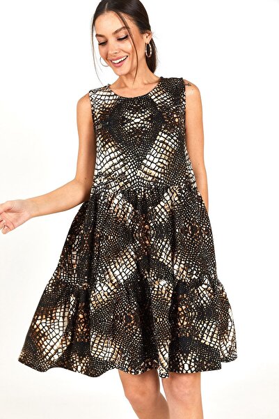 armonika فستان بني منقوش بدون أكمام ARM-22Y001059 نسائي