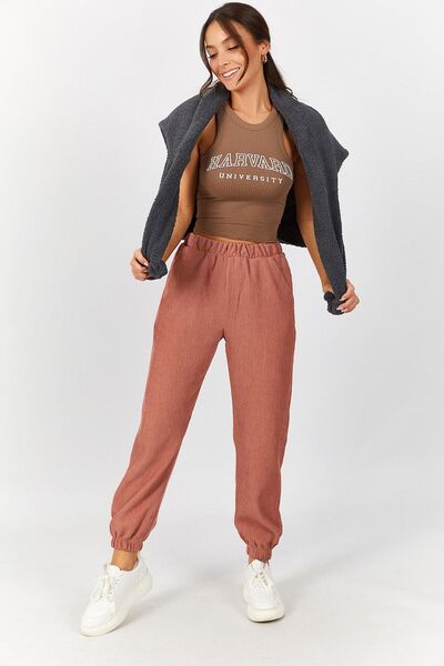 armonika Kadın Pudra Beli Ve Paçası Lastikli Cepli Kadife Pantolon ARM-22Y001172