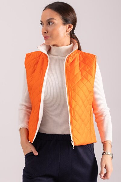 armonika Women's Orange Stamp Lined Zippered Quilted Vest with Pockets ARM-24K001063