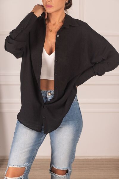armonika Γυναικείο μαύρο oversize υφή λινό πουκάμισο με φαρδιά μανσέτα μπράτσ...