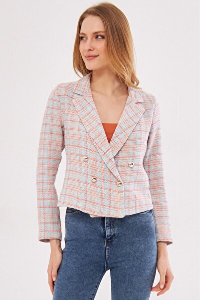 armonika Women's Baby Blue-Orange Double Breasted Collar Tweed Crop Jacket ARM-24K001014