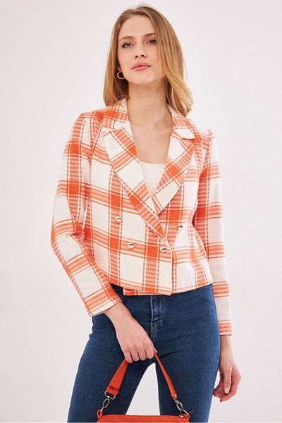 armonika Women's Orange-White Double Breasted Collar Tweed Crop Jacket ARM-24K001014