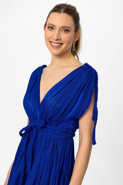 Deriderim Темно-синя сукня з декольте - з плетеним волоссям, підкладкою та еластичним поясом, коротка вечірня сукня