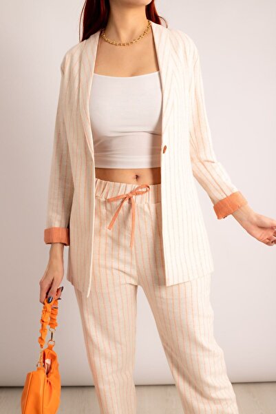 armonika Kadın Turuncu Ince Çizgili Tek Düğmeli Ceket Arm-23y001037