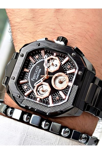Ferrucci Men's Wristwatch - Black Color, Square Function, Steel Cord + Bracelet Gift