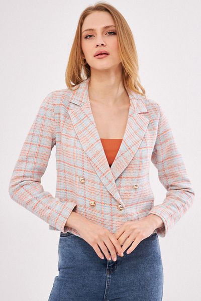 armonika Jachetă crop din tweed, cu guler dublu, albastru-portocaliu pentru femei ARM-24K001014
