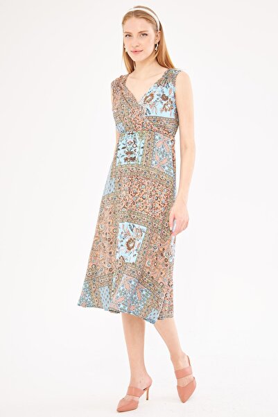 armonika Rochie midi cu model albastru baby cu guler dublu - elastic pe talie si pe umeri ARM-24Y001052